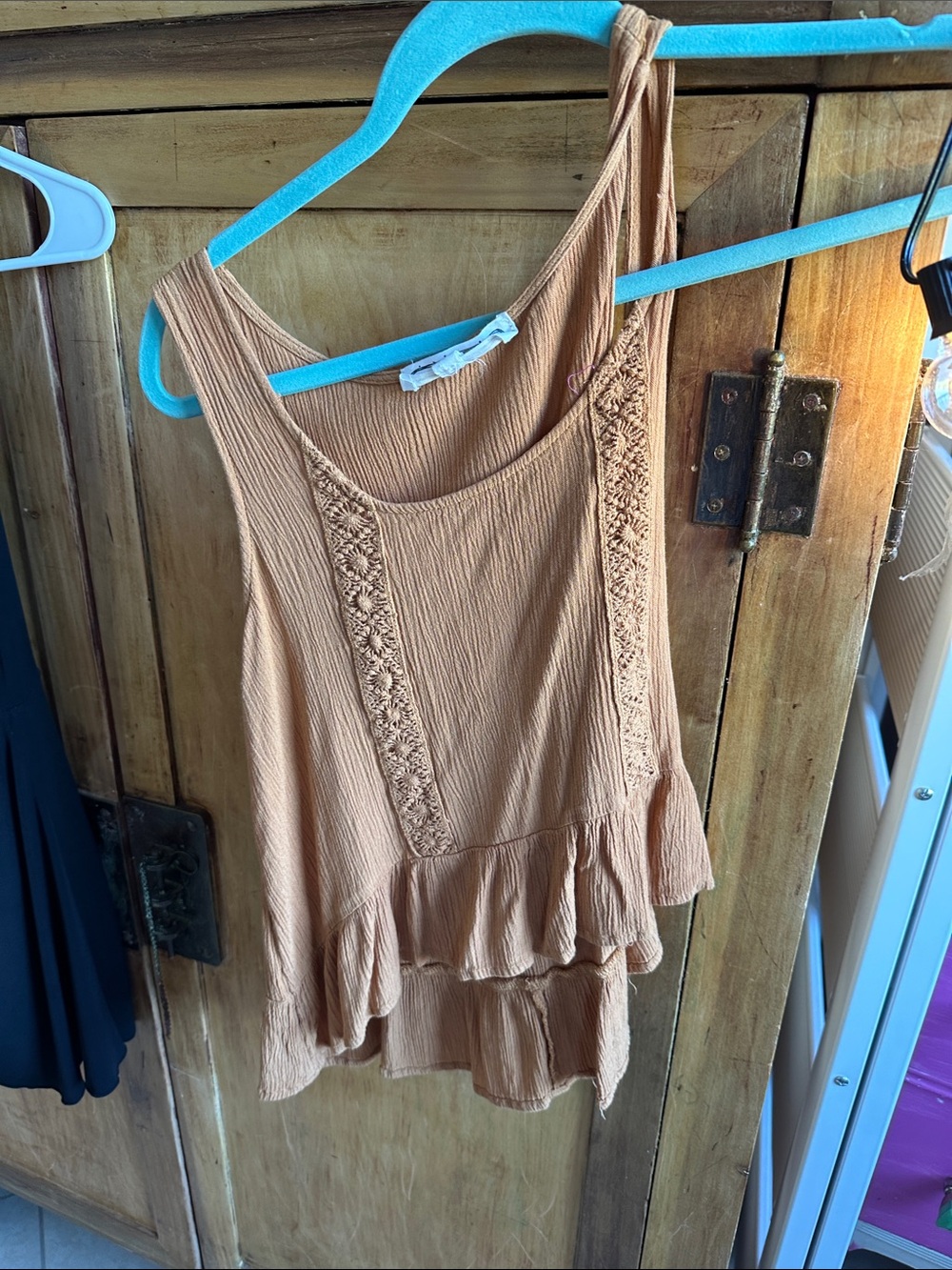 Hippie Rose Tan Ruffle Hem Crochet Trim Tank